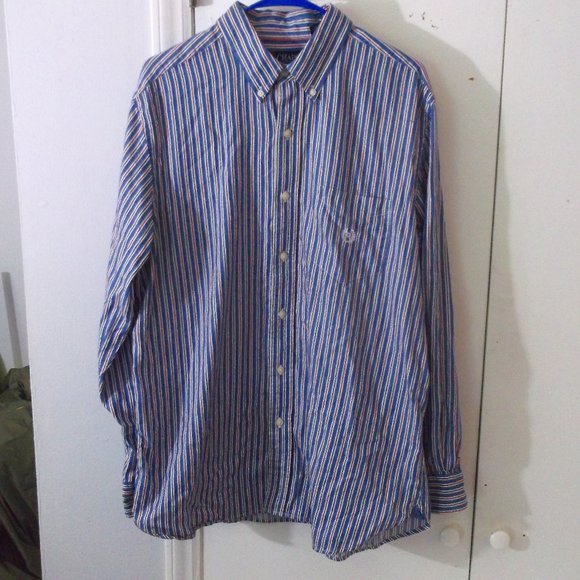 Chaps Red Blue Stripe Button Down Shirt L Cotton - Picture 1 of 5